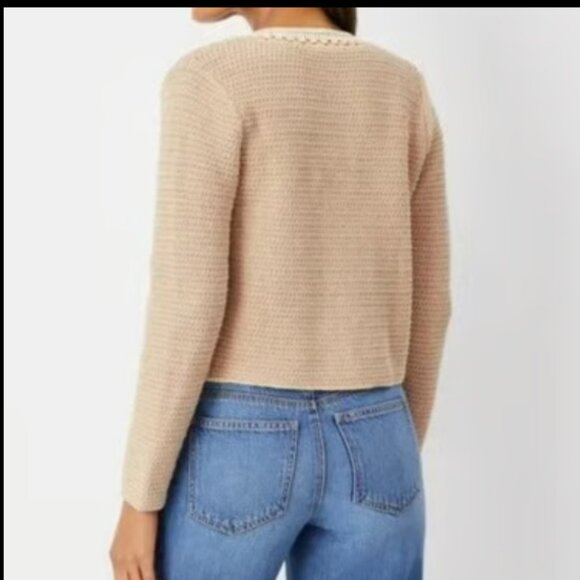 ANN TAYLOR CROTCHET TRIM TAN GOLD BUTTON SWEATER JACKET NWOT $169 L - Picture 4 of 12